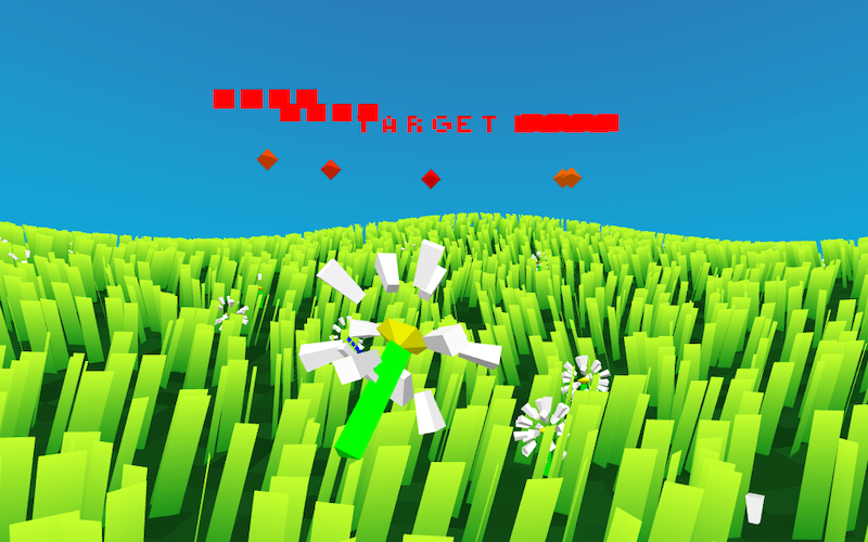 Gameplay view of a grassy field with dandelions and red alien targets.