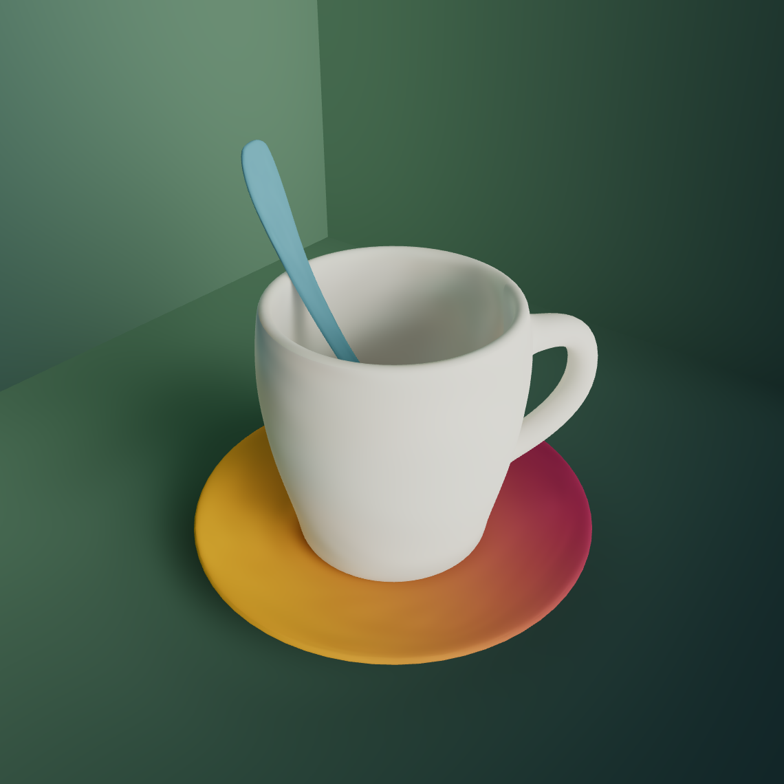 Coffee cup demo still with neural-baked lighting.