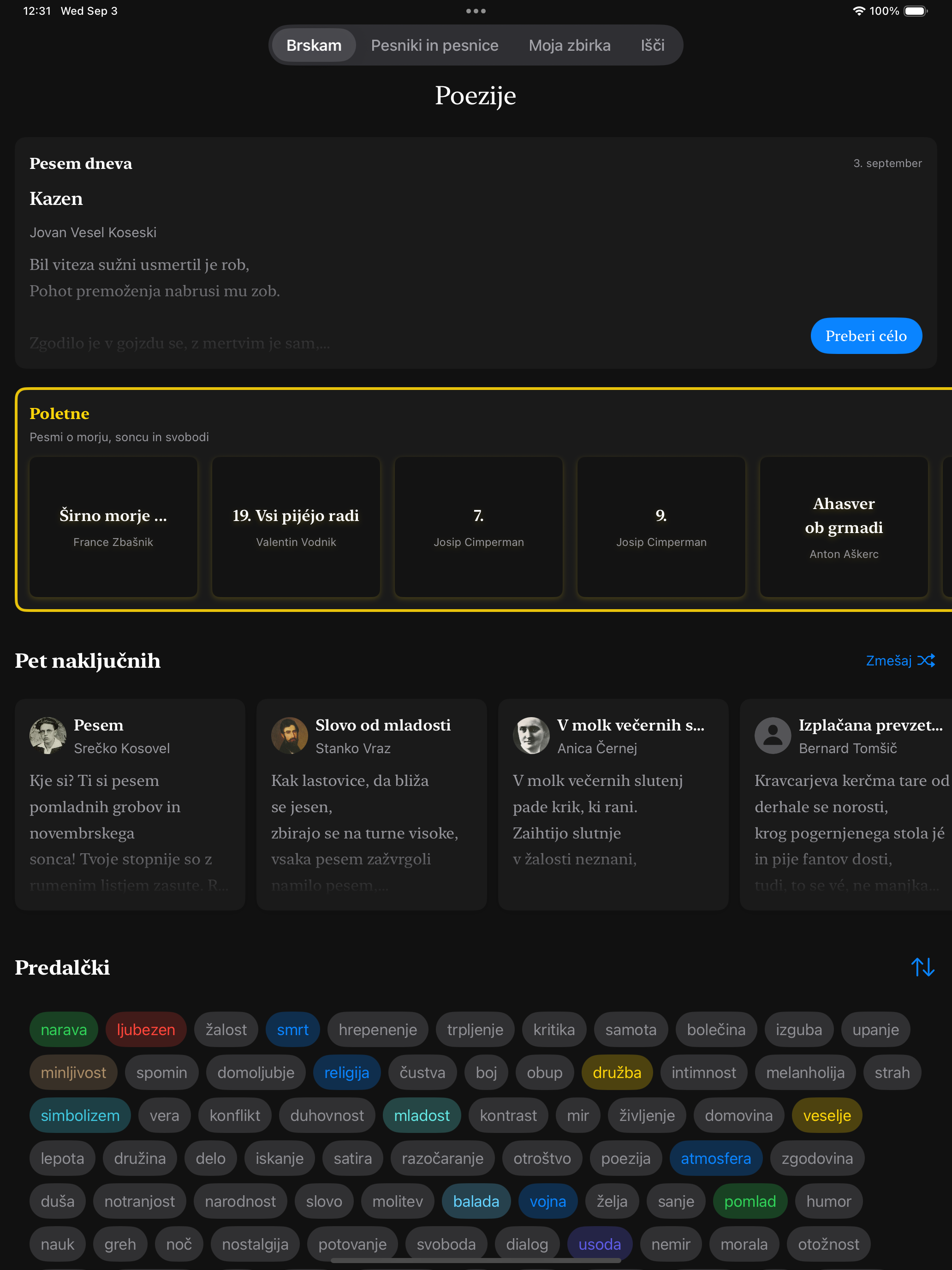 Poezije app screenshot on iPad.