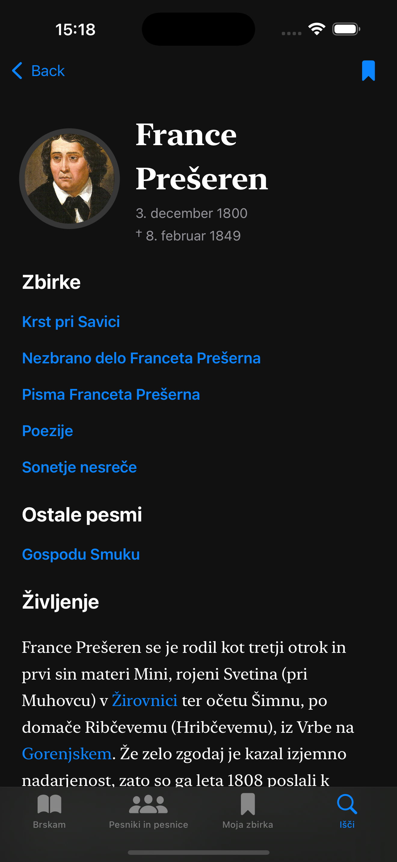 Poezije app screenshot on iPhone.